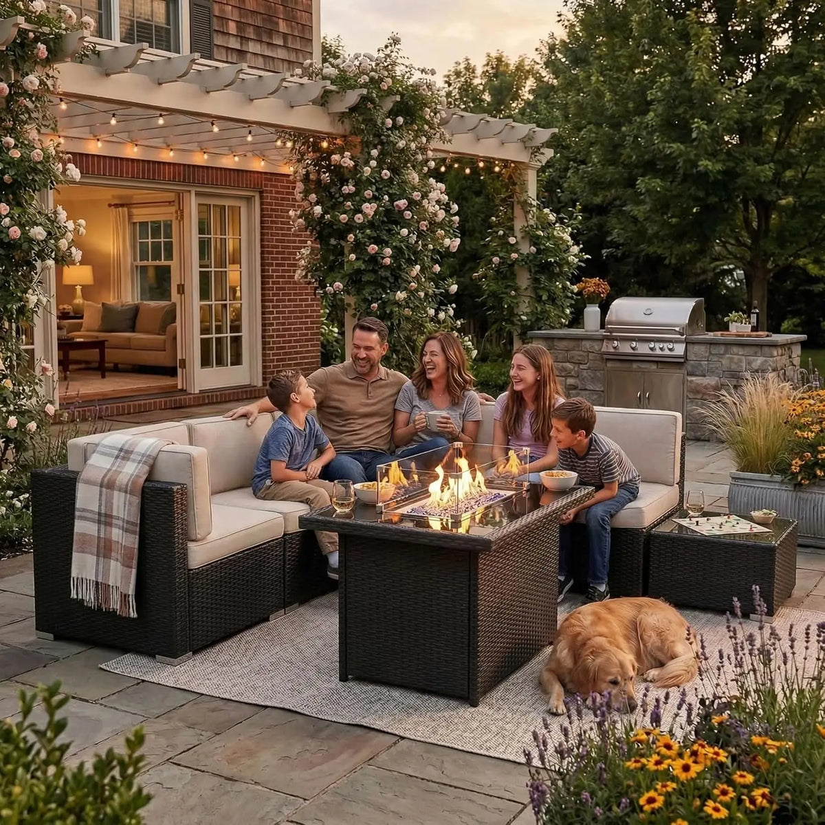 XIAOLANG 8 Piece Outdoor Patio Set With Gas Fire Pit
