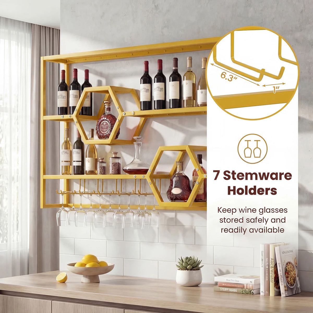 HOMASIS Wall Mounted Wine Rack With Glass Holder Shelves