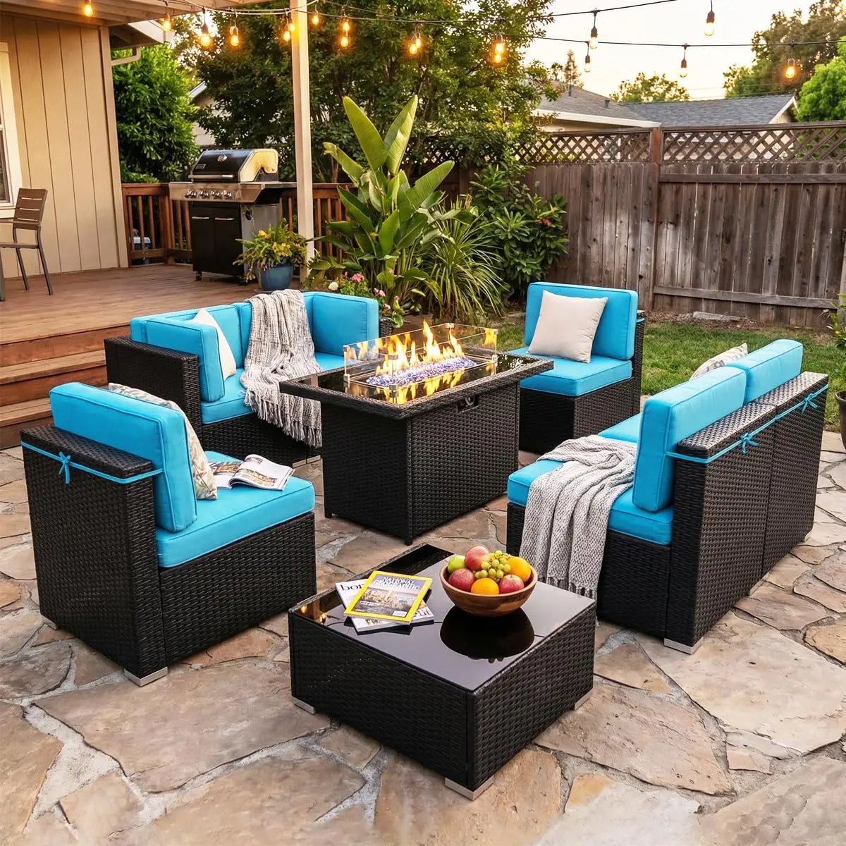 XIAOLANG 8 Piece Outdoor Patio Set With Gas Fire Pit