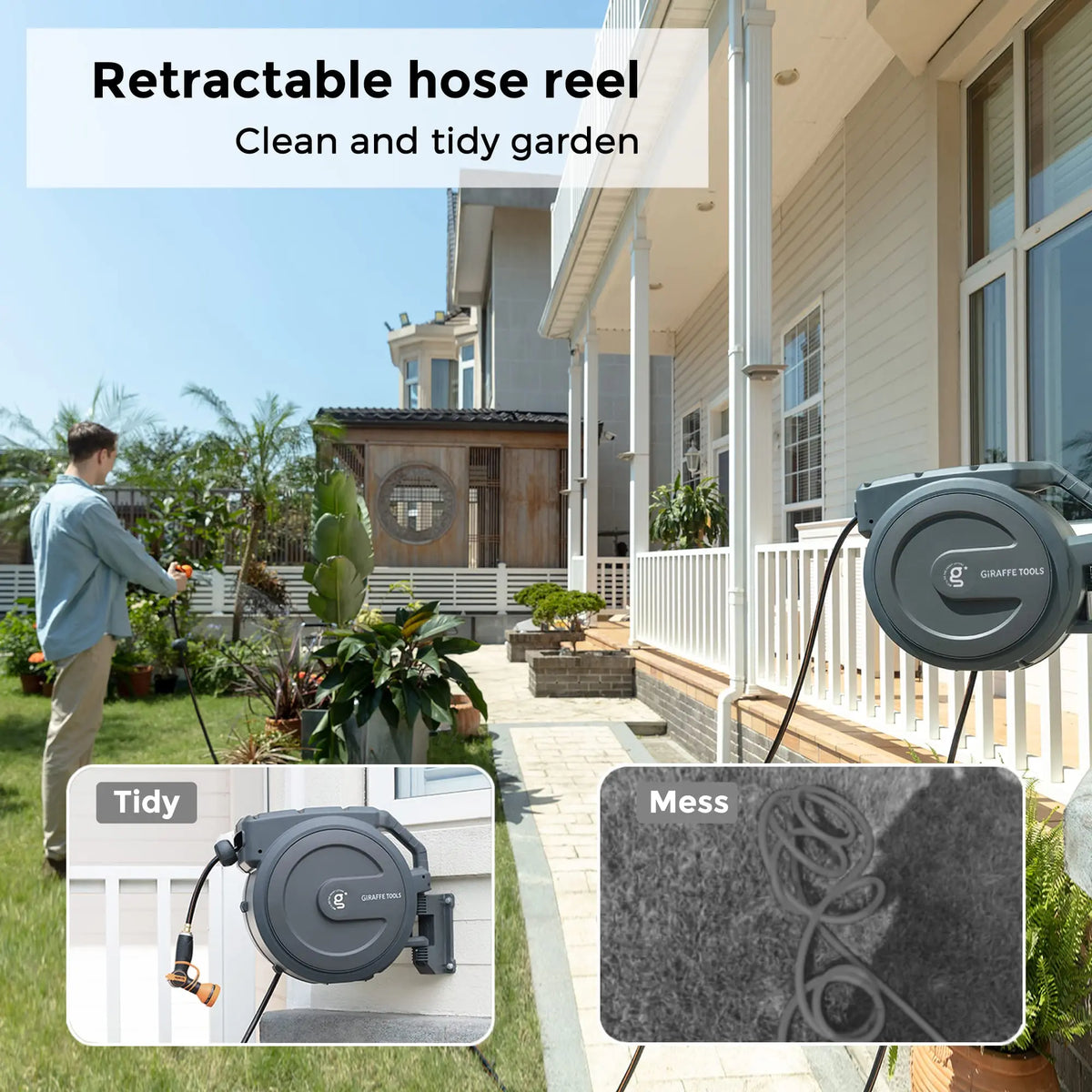 Giraffe Tools Retractable Hose Reel Wall Mounted Garden Hose Reel Auto Rewind