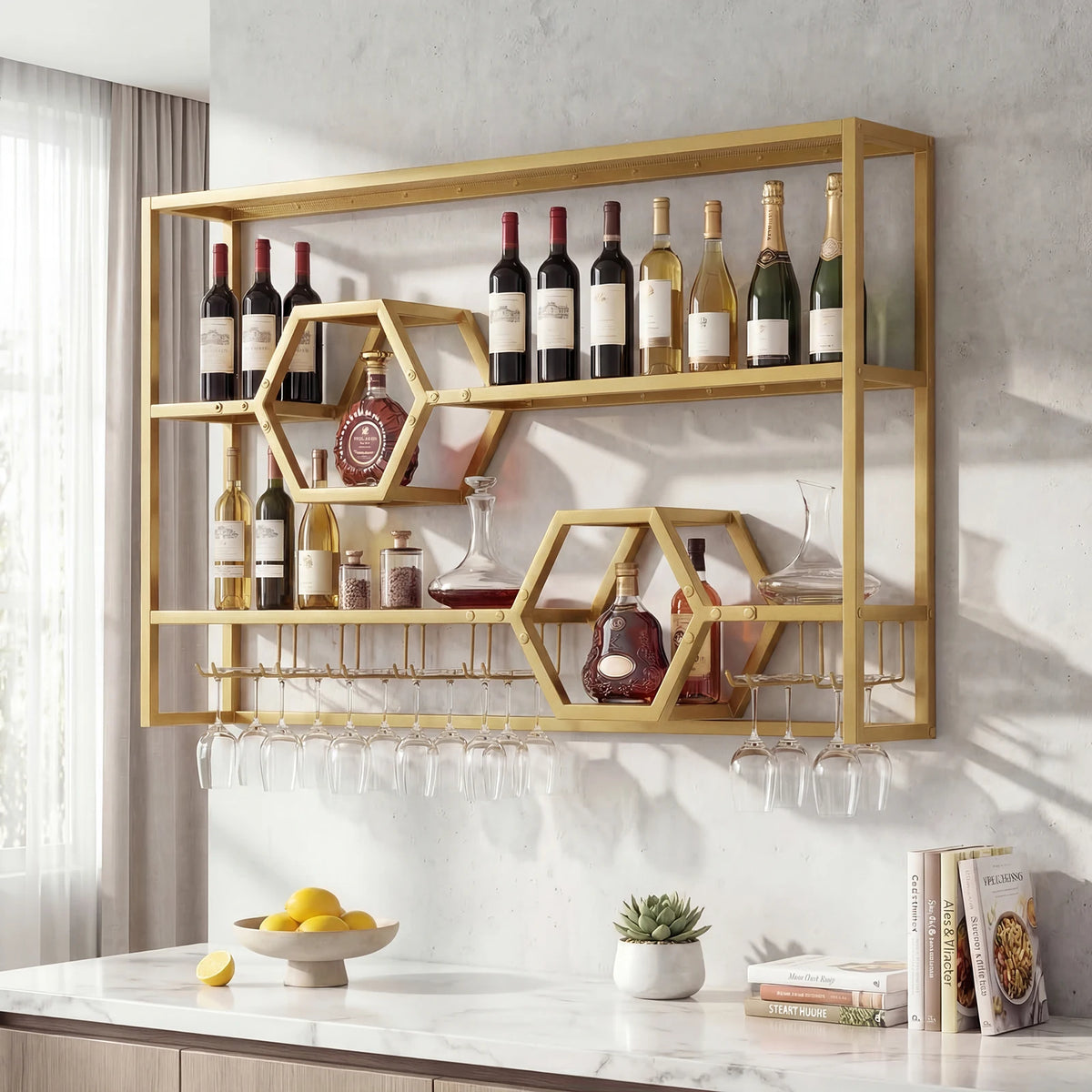 HOMASIS Wall Mounted Wine Rack With Glass Holder Shelves