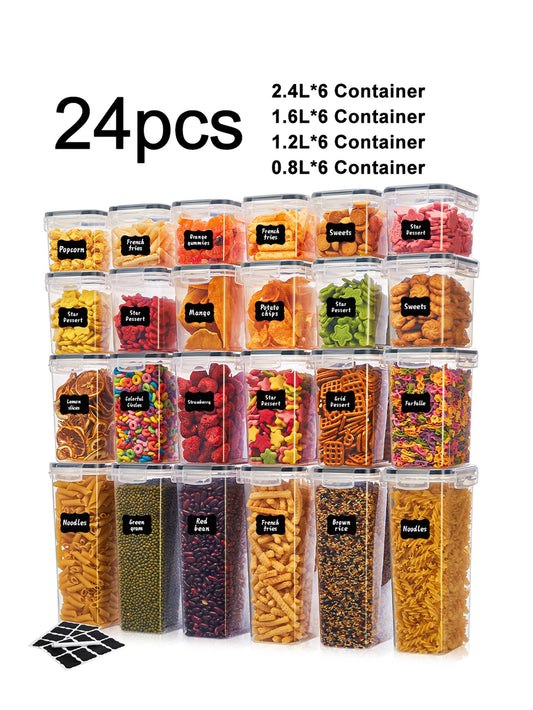 24 Piece Airtight Food Storage Containers With Labels For Flour Grains Coffee
