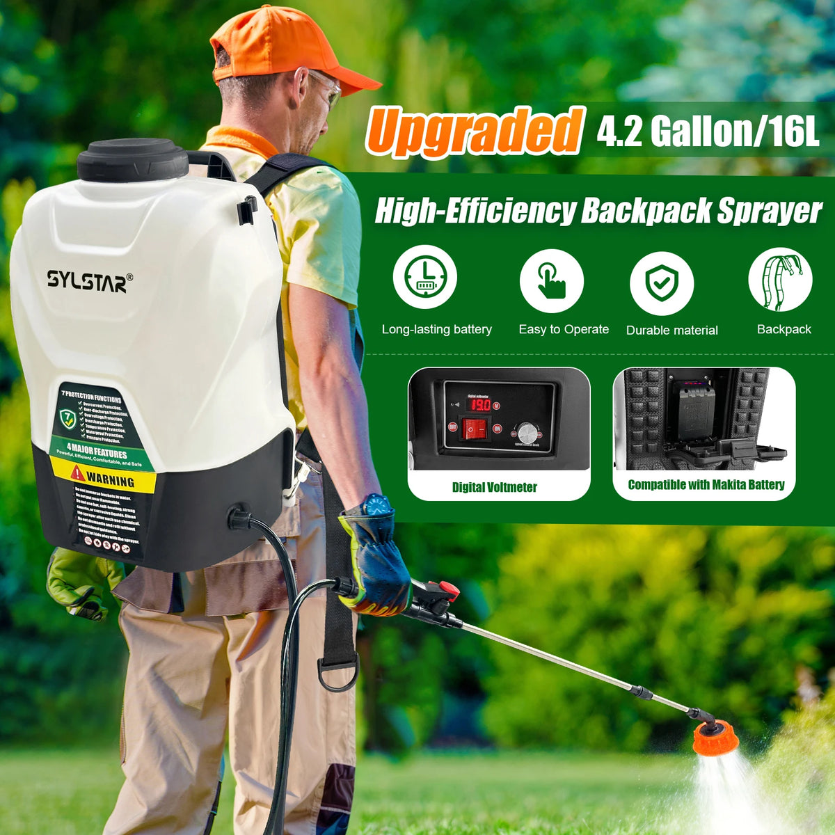 Garden Electric Backpack Sprayer With Telescopic Wand And 100 PSI 5 Nozzles