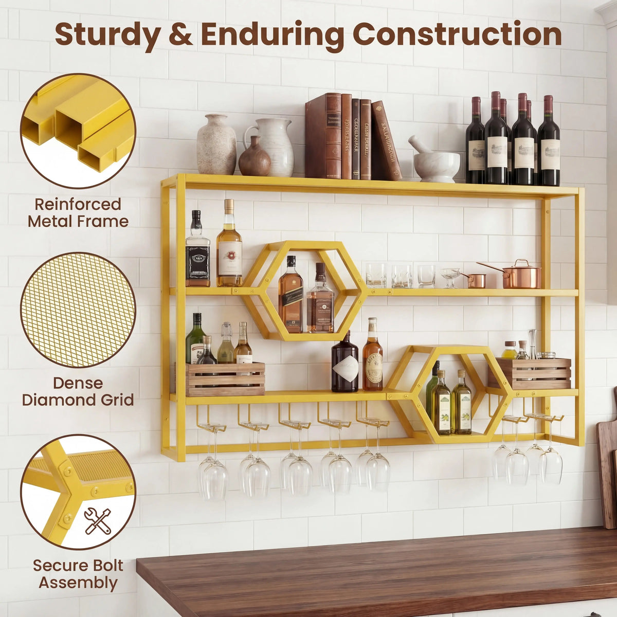 HOMASIS Wall Mounted Wine Rack With Glass Holder Shelves