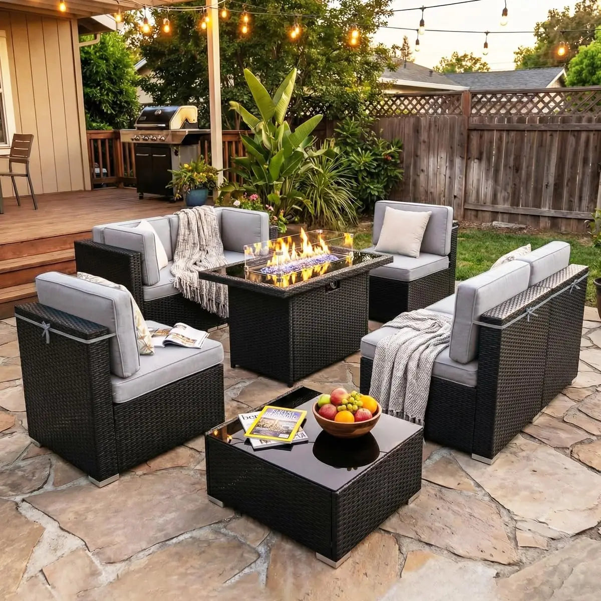 XIAOLANG 8 Piece Outdoor Patio Set With Gas Fire Pit