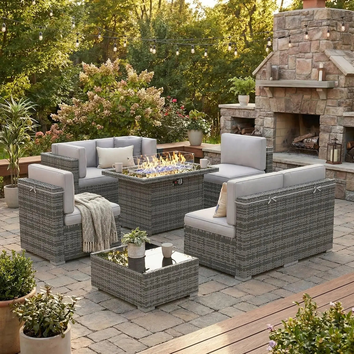 XIAOLANG 8 Piece Outdoor Patio Set With Gas Fire Pit