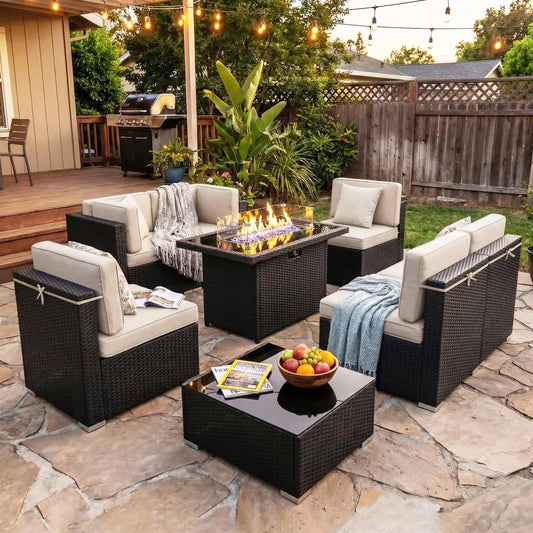 XIAOLANG 8 Piece Outdoor Patio Set With Gas Fire Pit