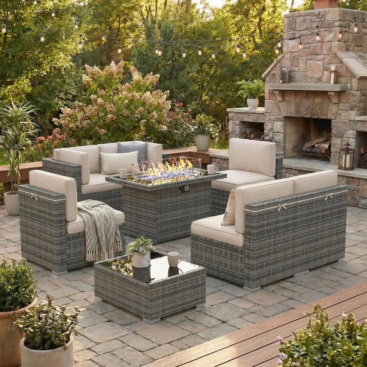XIAOLANG 8 Piece Outdoor Patio Set With Gas Fire Pit