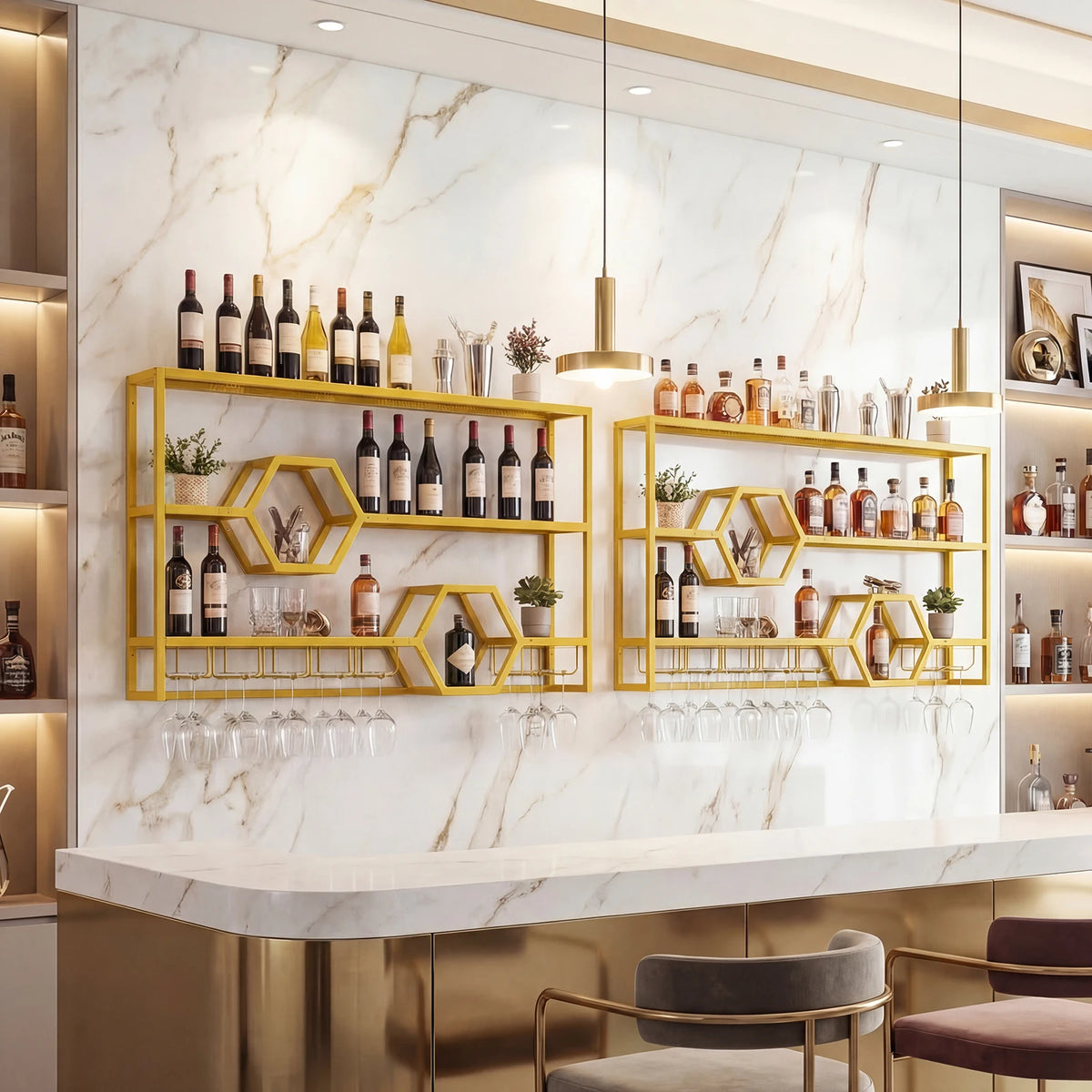 HOMASIS Wall Mounted Wine Rack With Glass Holder Shelves