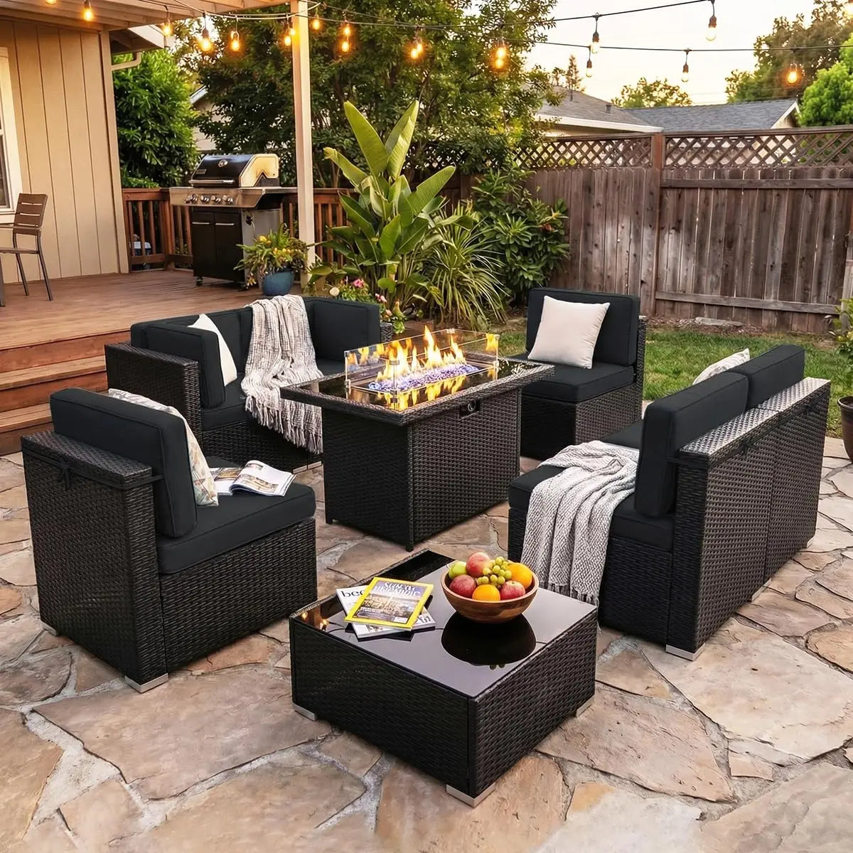 XIAOLANG 8 Piece Outdoor Patio Set With Gas Fire Pit